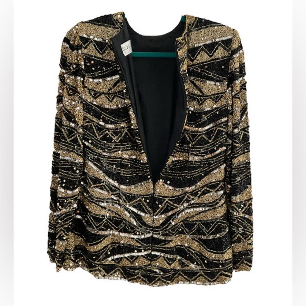Vintage BLACK TIE OLEG CASSINI Oleg | SZ M | Embellished Beaded Sequin Silk Top - Picture 9 of 11